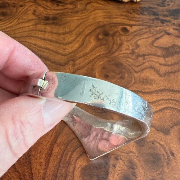 Vintage Mexican Sterling Silver Hinged Clamper Bracelet Azurite & Lapis Inlay 92 - Picture 8 of 12